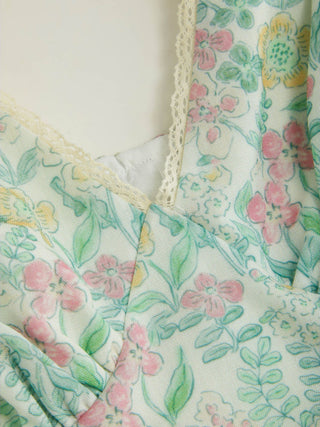 Floral V-neck Bowknot Lace Trim Milkmaid Maxi Dress