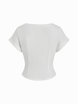 Cotton-blend Boat Neck Ruched Short Sleeve Tee