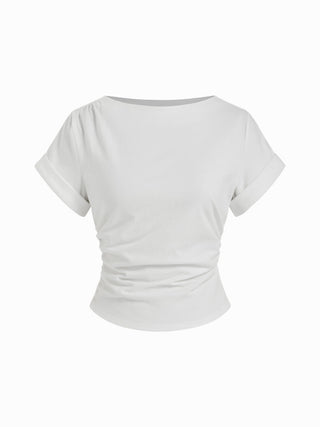 Cotton-blend Boat Neck Ruched Short Sleeve Tee