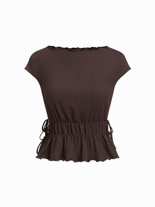 Textured Boat Neck Ruffled Peplum Hem Tie Side Top
