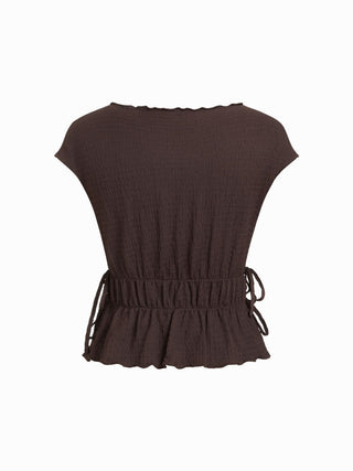 Textured Boat Neck Ruffled Peplum Hem Tie Side Top