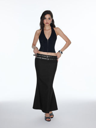 Mid Rise Mermaid Maxi Skirt With Belt