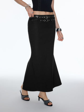 Mid Rise Mermaid Maxi Skirt With Belt