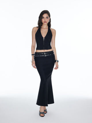Mid Rise Mermaid Maxi Skirt With Belt
