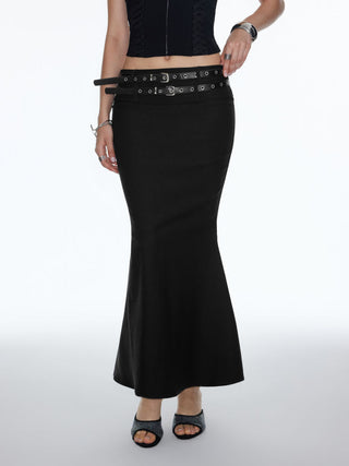 Mid Rise Mermaid Maxi Skirt With Belt