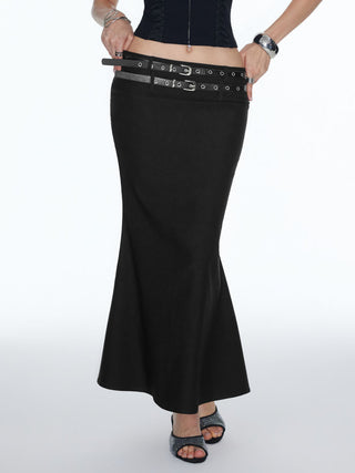 Mid Rise Mermaid Maxi Skirt With Belt