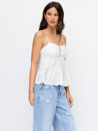 Cotton-blend Lace Trim Embroidery Ruffle Hem Cami Top