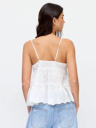 Cotton-blend Lace Trim Embroidery Ruffle Hem Cami Top
