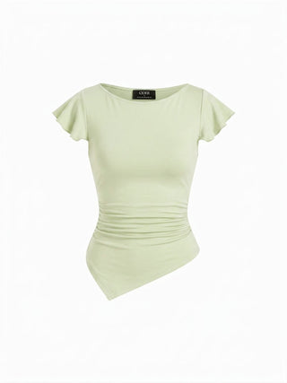 Cotton-blend Boat Neck Ruffle Sleeve Ruched Asymmetrical Hem Tee