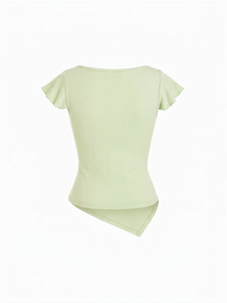 Cotton-blend Boat Neck Ruffle Sleeve Ruched Asymmetrical Hem Tee