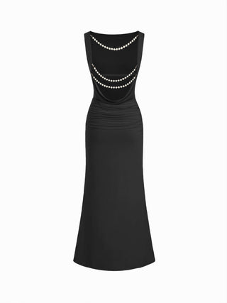 Boat Neck Ruched Pearl-Back Detail Maxi Dress