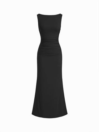 Boat Neck Ruched Pearl-Back Detail Maxi Dress