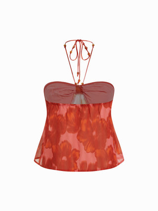 Chiffon Floral Graphic Halter Neckline Ruched Blouse