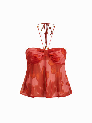 Chiffon Floral Graphic Halter Neckline Ruched Blouse