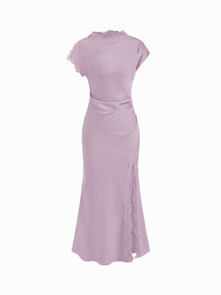 Satin Lace Trim Split Mermaid Maxi Dress