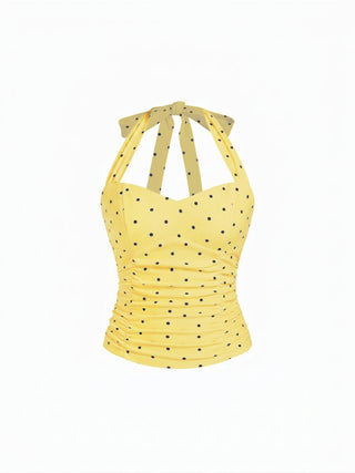 Cotton Polka Dot Halter Neck Ruched Tie Back Top