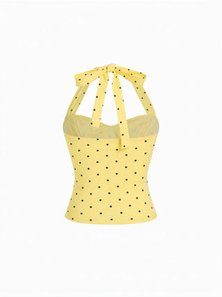 Cotton Polka Dot Halter Neck Ruched Tie Back Top