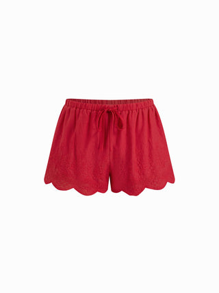 Mid Rise Lace Drawstring Scallop Hem Shorts