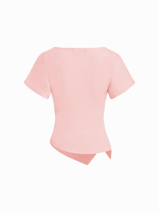 Cotton-blend Boat Neck Ruched Asymmetrical Hem Tee