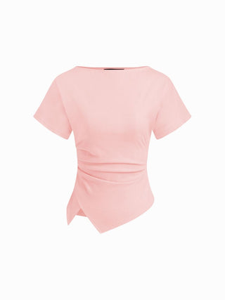 Cotton-blend Boat Neck Ruched Asymmetrical Hem Tee