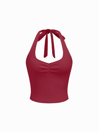 Cotton-Blend Halter Neckline Ruched Knotted Crop Tee