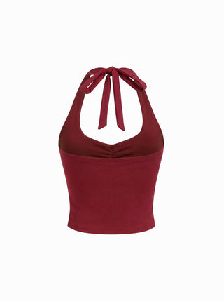 Cotton-Blend Halter Neckline Ruched Knotted Crop Tee