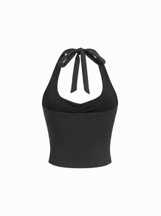 Cotton-Blend Halter Neckline Ruched Knotted Crop Tee