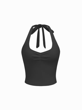 Cotton-Blend Halter Neckline Ruched Knotted Crop Tee
