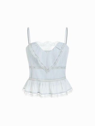 Chiffon Striped Lace Trim Ruffle Hem Crop Cami Top