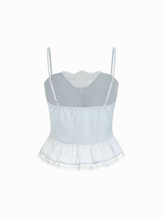 Chiffon Striped Lace Trim Ruffle Hem Crop Cami Top