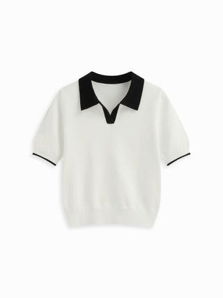 Knit Polo Contrasting Binding Short Sleeve Top