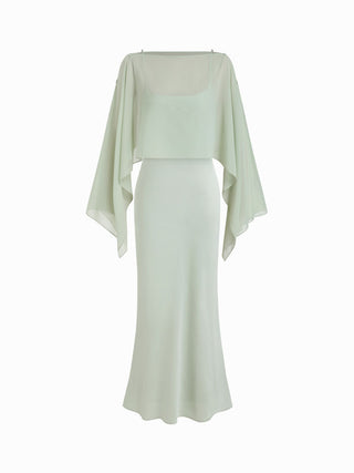 Satin Off-shoulder Cloak Sleeve Wrap Mermaid Maxi Dress