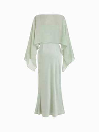 Satin Off-shoulder Cloak Sleeve Wrap Mermaid Maxi Dress