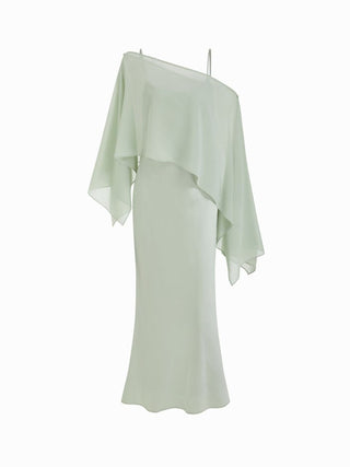 Satin Off-shoulder Cloak Sleeve Wrap Mermaid Maxi Dress