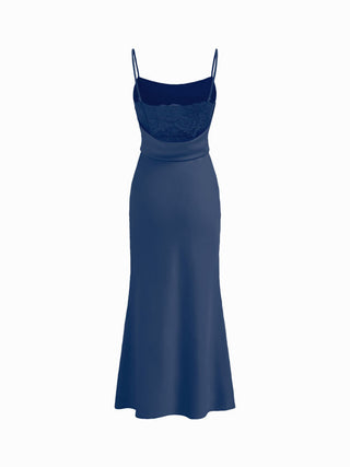 Satin Square Neck Ruched Lace Maxi Dress