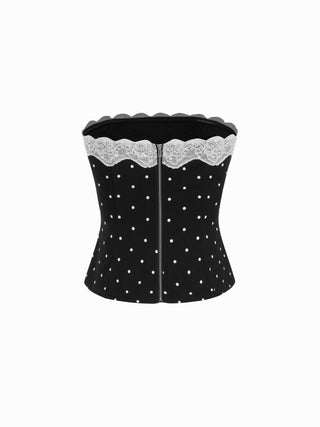Cotton-blend Polka Dot Lace Trim Bandeau Top