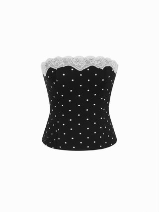Cotton-blend Polka Dot Lace Trim Bandeau Top