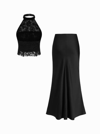Cotton-blend Lace Halter Crop Top & Low Rise Mermaid Maxi Skirt Set