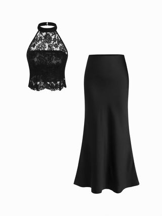 Cotton-blend Lace Halter Crop Top & Low Rise Mermaid Maxi Skirt Set