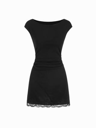Cotton-blend Boat Neck Ruched Lace Panel A-line Mini Dress