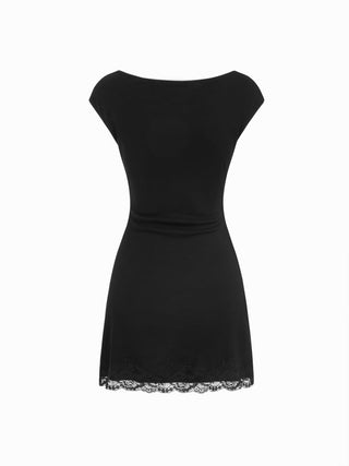 Cotton-blend Boat Neck Ruched Lace Panel A-line Mini Dress