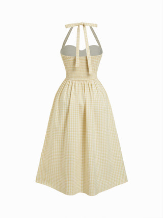 Cotton-blend Sculptural Gingham Halter Neckline Shirred A-line Maxi Dress