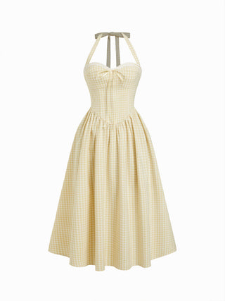 Cotton-blend Sculptural Gingham Halter Neckline Shirred A-line Maxi Dress