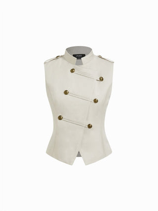 Cotton-blend Asymmetrical Metal Detail Stand Collar Jacket Vest