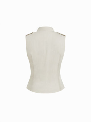 Cotton-blend Asymmetrical Metal Detail Stand Collar Jacket Vest