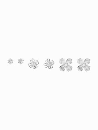 3 PAIRS RHINESTONE & FLOWER EARRINGS SET