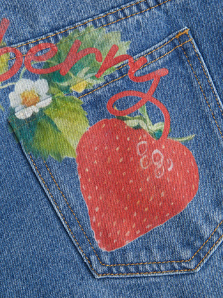 Washed Denim Mid Rise Strawberry Graphic Wide Leg Bermuda Shorts