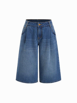 Washed Denim Mid Rise Strawberry Graphic Wide Leg Bermuda Shorts