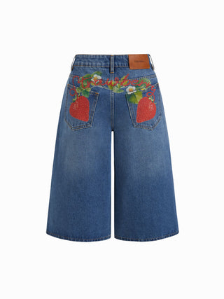 Washed Denim Mid Rise Strawberry Graphic Wide Leg Bermuda Shorts