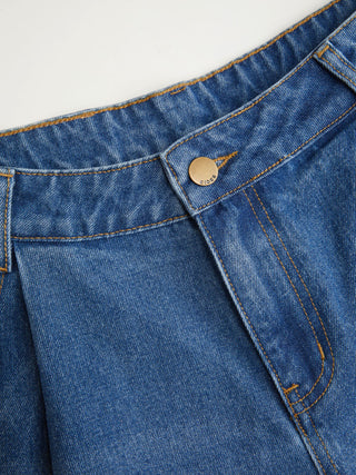 Washed Denim Mid Rise Strawberry Graphic Wide Leg Bermuda Shorts